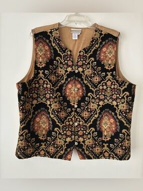 Coldwater Creek Vest, Sz. XXL, Black/Tan Tapestry, Button Closures